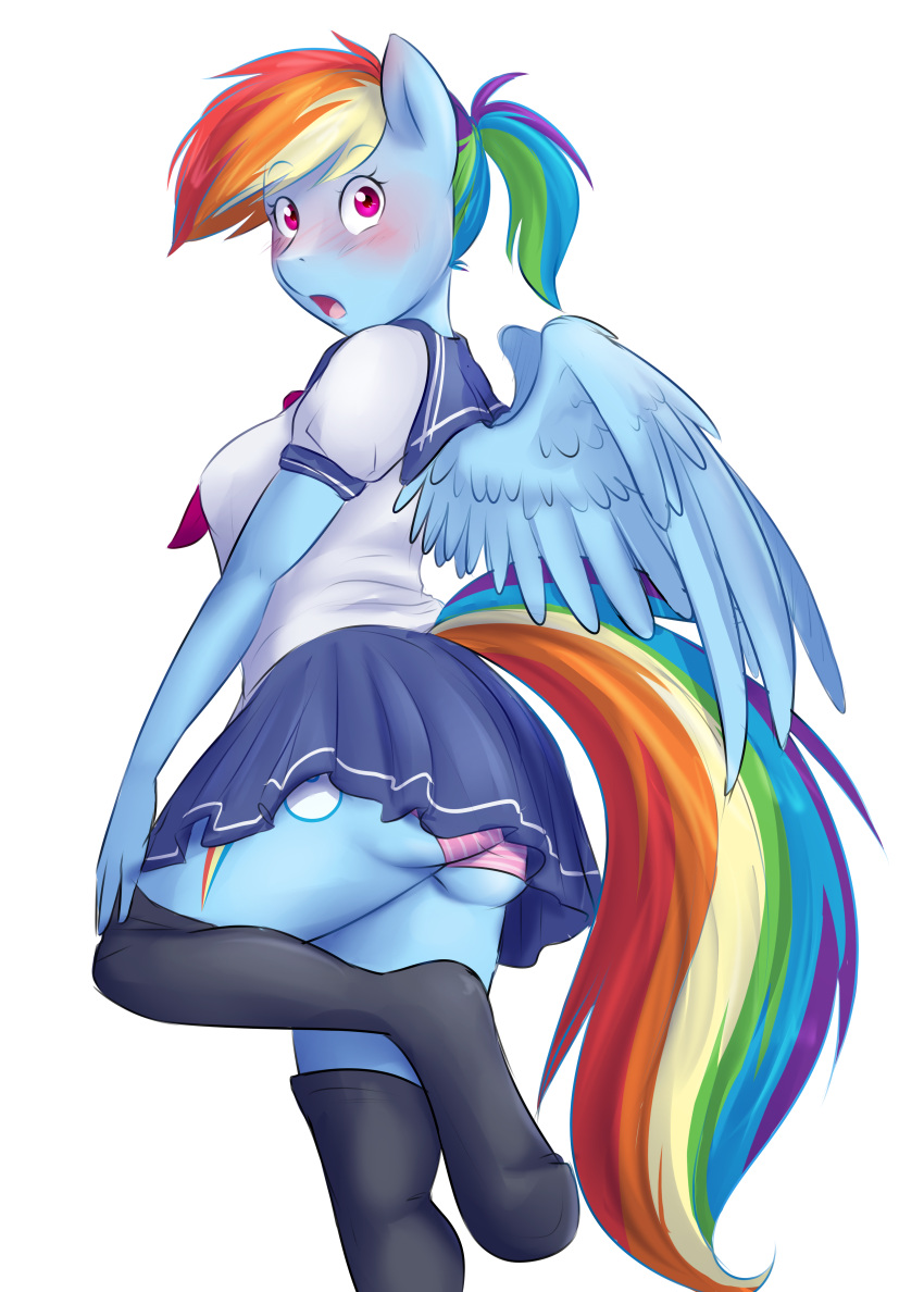 absurd_res alpha_channel anthro anthrofied blush bottomwear clothing equid equine friendship_is_magic hair hasbro hi_res legwear looking_at_viewer mammal miniskirt multicolored_hair multicolored_tail my_little_pony panties pegasus ponytail purple_eyes rainbow_dash_(mlp) rainbow_hair rainbow_tail school_uniform simple_background skirt stockings tail thecatnamedfish transparent_background underwear uniform wings