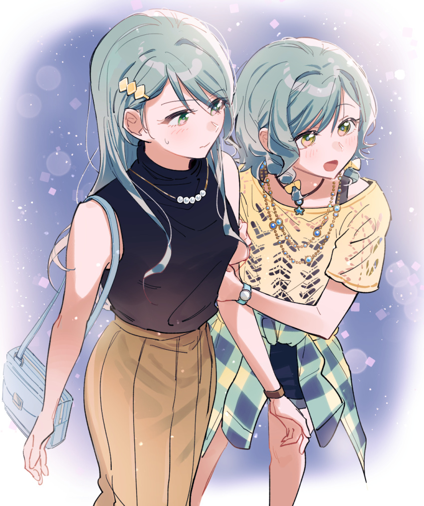 2girls aqua_eyes aqua_hair arm_grab bag bang_dream! bare_legs bare_shoulders black_shirt black_straps blue_shorts blush border bow bracelet braid brown_skirt cardigan cardigan_around_waist clothes_around_waist commentary cowboy_shot fading_border green_eyes hair_behind_ear hair_between_eyes hair_bow hair_ornament hairclip highres hikawa_hina hikawa_sayo jewelry light_particles long_hair looking_at_another multiple_girls necklace open_mouth pleated_skirt shirt shorts shoulder_bag sidelocks skirt sleeveless sleeveless_shirt sweatdrop turtleneck watch wavy_mouth wristwatch yellow_bow yellow_shirt zihacheol