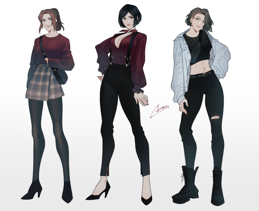 3girls ada_wong black_hair black_pants black_shirt brown_hair claire_redfield high_heels highres jill_valentine multiple_girls pants resident_evil shirt