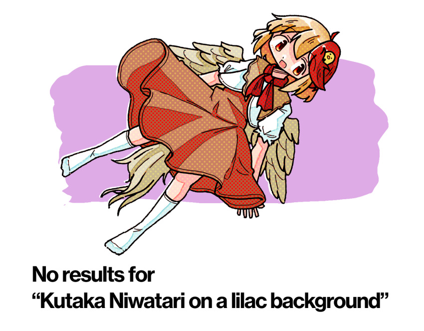1girl animal_on_head bird bird_on_head bird_tail bird_wings blush capelet chick chicken dot_nose dress english_text feathered_wings kasuya_baian looking_to_the_side multicolored_hair niwatari_kutaka on_head open_mouth orange_dress red_tie scene_reference simple_background socks solo tail tail_feathers touhou twitter two-tone_hair white_background white_capelet wings yellow_eyes yellow_wings