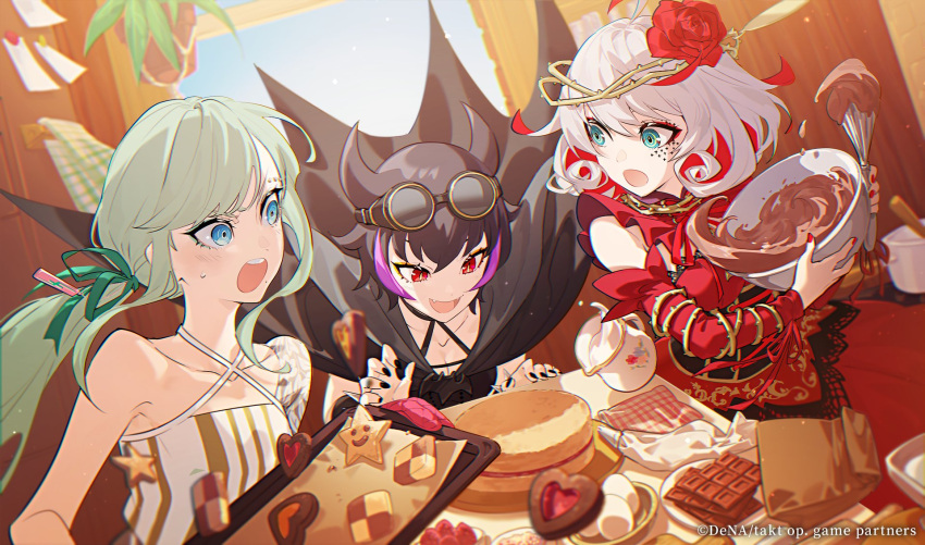 3girls air_on_the_g_string_(takt_op.) anna_schneider aqua_eyes asymmetrical_sleeves baking baking_sheet bare_shoulders black_dress black_hair black_horns black_nails blue_eyes blunt_bangs breasts checkerboard_cookie chocolate_making colored_inner_hair cookie cooking crown_of_thorns demon_horns destiny_(takt_op.) detached_collar detached_sleeves die_fledermaus_(takt_op.) dress eyebrow_piercing eyeliner eyeshadow flower food fumiko_(throughx2) green_ribbon grey_hair hair_flower hair_ornament hair_ribbon highres holding holding_whisk horns light_green_hair long_hair long_sleeves looking_at_another makeup medium_hair mixing mixing_bowl mole mole_under_mouth multicolored_hair multiple_girls nail_polish neck_ribbon official_art open_mouth piercing purple_hair red_dress red_eyes red_eyeshadow red_flower red_hair red_rose red_sleeves ribbon rose short_hair small_breasts smile stirring strapless strapless_dress streaked_hair striped striped_dress takt_op._destiny thorns valentine vertical-striped_dress vertical_stripes very_long_hair whisk whisking