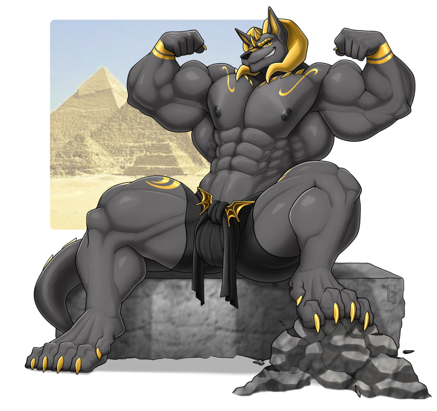 abs absurd_res anthro areola barefoot biceps big_muscles biped black_body black_clothing black_nipples bottomwear claws clothing digital_media_(artwork) feet flexing hi_res looking_at_viewer male muscular muscular_anthro muscular_male muscular_thighs nipples pecs sitting smile smirk solard0gg0 solo solo_focus tail thick_thighs toes tow_claws triceps