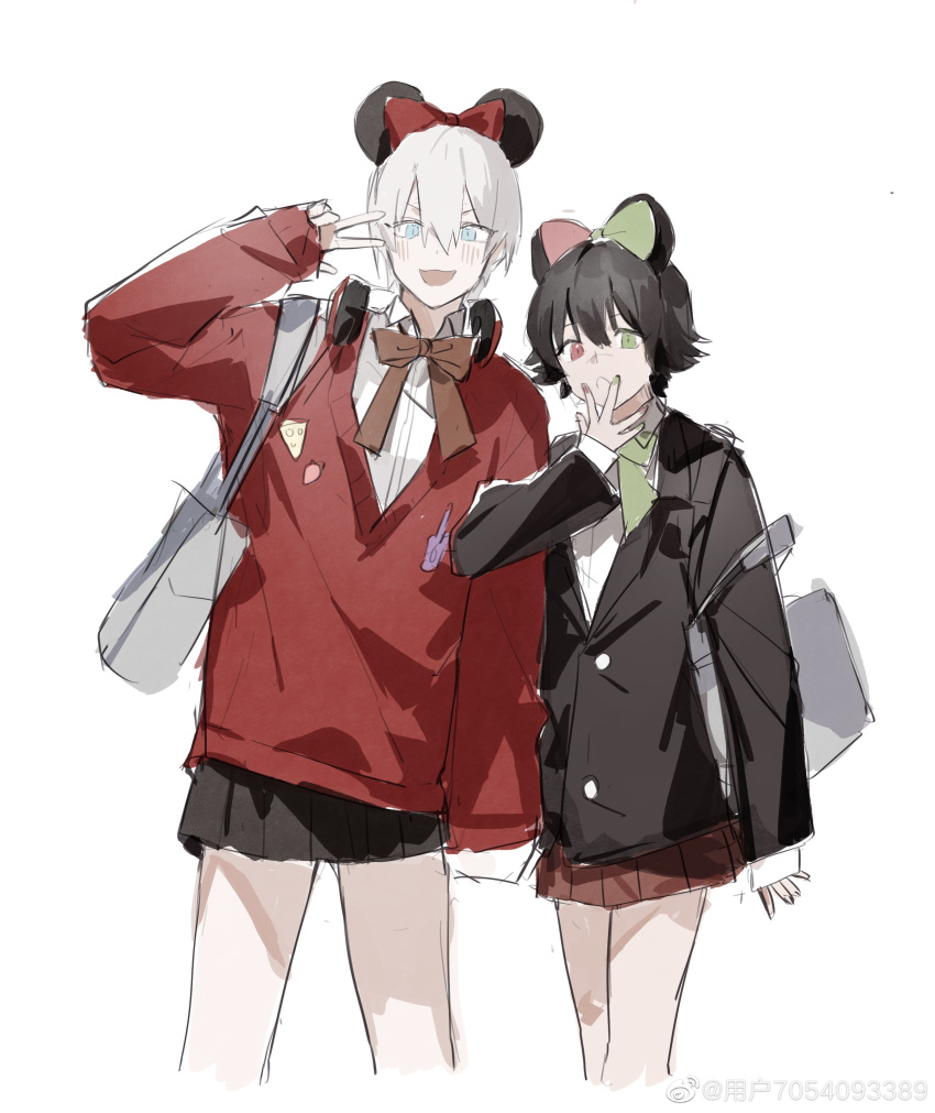 1boy 1girl absurdres black_hair blue_eyes crossdressing dante_(devil_may_cry) devil_may_cry_(series) devil_may_cry_3 highres lady_(devil_may_cry) looking_at_viewer male_focus mickey_mouse_ears miniskirt otoko_no_ko pale_skin school_uniform short_hair skirt smile v weibo_7054093389 white_background white_hair