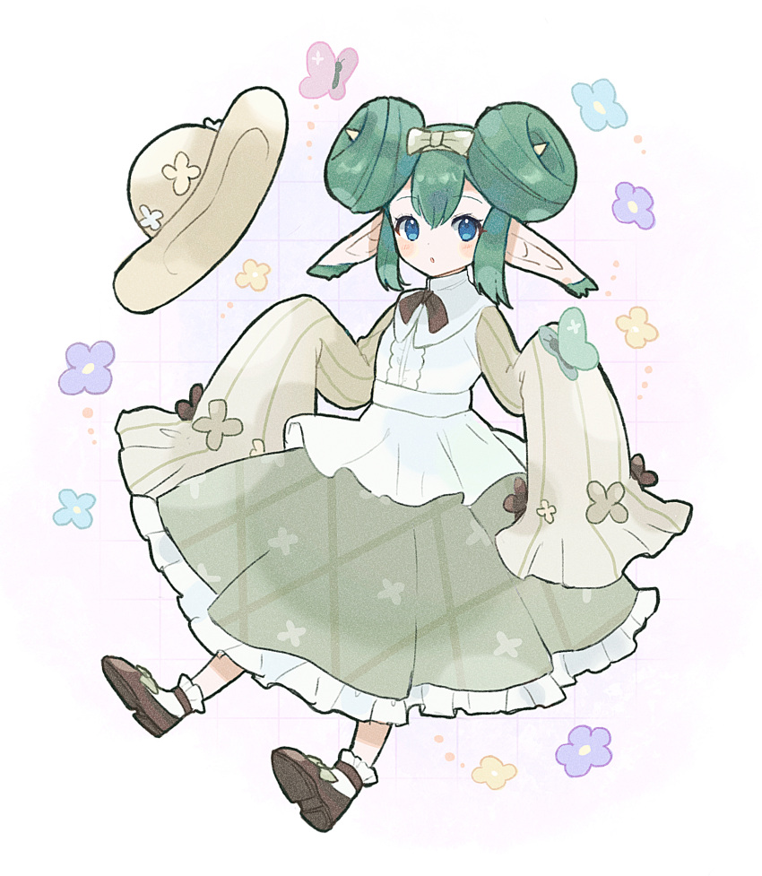 1girl blue_eyes blush_stickers bow brown_bow brown_footwear double_bun full_body green_bow green_hair grey_skirt hair_bow hair_bun hat highres kashima_miyako lidelle_(puyopuyo) parted_lips pointy_ears puyopuyo puyopuyo_fever shirt skirt sleeves_past_fingers sleeves_past_wrists socks solo unworn_hat unworn_headwear white_shirt white_socks