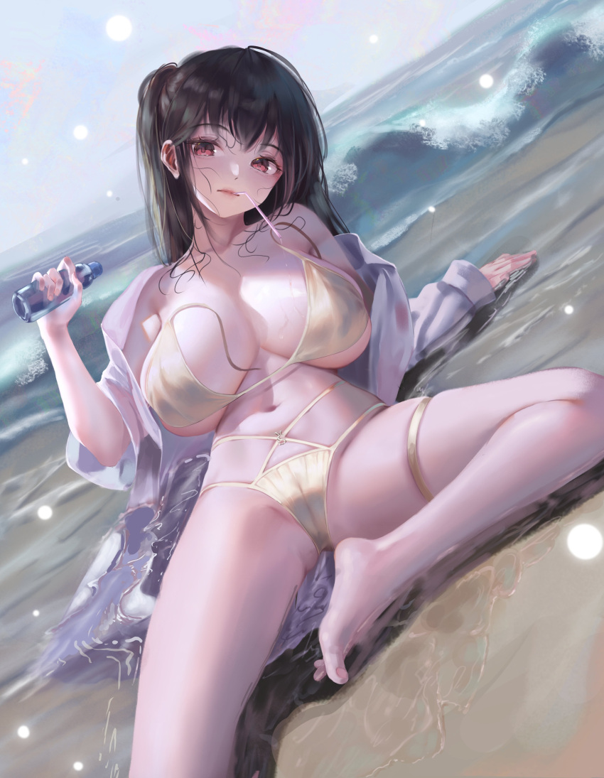 1girl absurdres ahoge azur_lane bare_shoulders bikini black_hair bottle breasts cameltoe collarbone crossed_bangs gold_bikini hair_between_eyes highres holding holding_bottle huge_breasts long_hair looking_at_viewer navel nekobell ocean official_alternate_costume one_side_up ramune red_eyes shirt solo stomach string_bikini swimsuit taihou_(azur_lane) taihou_(seaside_daydreams)_(azur_lane) thigh_strap thighs very_long_hair wet wet_bikini white_bikini white_shirt