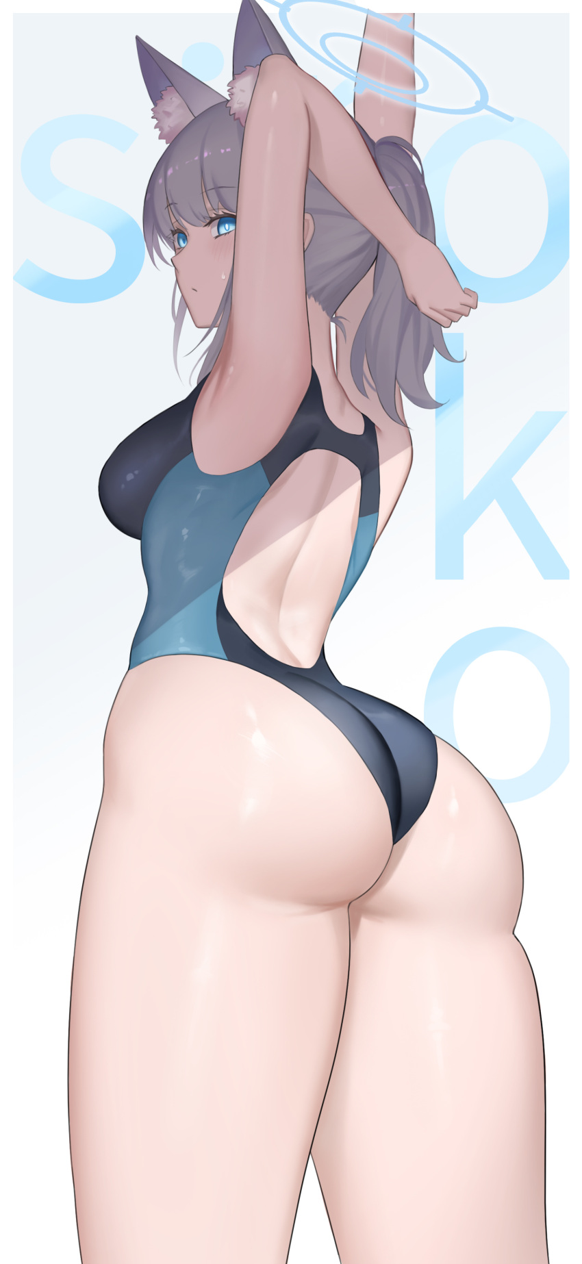 1girl absurdres animal_ear_fluff animal_ears armpits arms_up ass back bare_shoulders blue_archive blue_eyes breasts closed_mouth competition_swimsuit from_behind grey_hair halo highleg highleg_swimsuit highres looking_back mato_kuroi medium_breasts mismatched_pupils one-piece_swimsuit ponytail shiroko_(blue_archive) shiroko_(swimsuit)_(blue_archive) simple_background solo standing swimsuit thighs wolf_ears