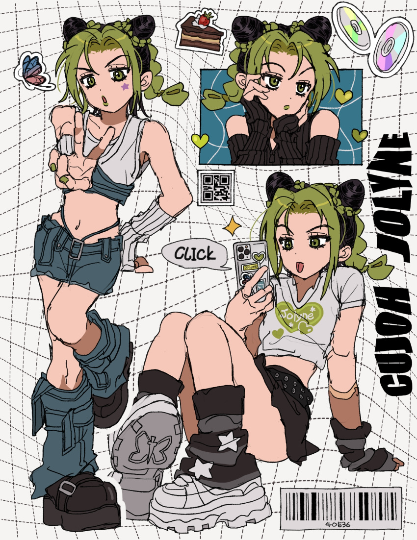 3girls arm_warmers barcode bare_shoulders belt black_hair bug butterfly cake cd cellphone cone_hair_bun crop_top double_bun facial_mark food fu_r_y gloves green_eyes green_hair green_lips hair_bun highleg highleg_panties highres jojo_no_kimyou_na_bouken kujo_jolyne loose_socks midriff multicolored_hair multiple_girls multiple_persona navel one-piece_thong panties phone punk rocker-chic shirt shoes short_shorts shorts single_glove smartphone sneakers socks stone_ocean string_panties studded_belt t-shirt tongue tongue_out two-tone_hair underwear