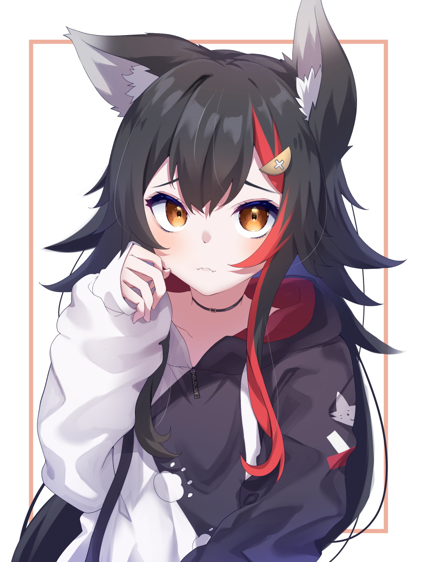 1girl absurdres amato_0321 animal_ears black_hair black_hoodie brown_eyes highres hololive hood hood_down hoodie long_hair long_sleeves looking_at_viewer multicolored_hair ookami_mio ookami_mio_(3rd_costume) red_hair sleeves_past_wrists streaked_hair two-tone_hair two-tone_hoodie virtual_youtuber white_hoodie wolf_ears wolf_girl