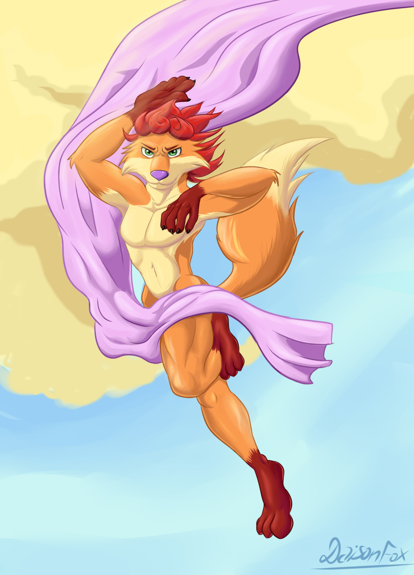 absurd_res anthro canid canine cape clothing cloud convenient_censorship daison_fox daison_the_fox fox fur green_eyes hair hi_res hindpaw jojo's_bizarre_adventure jojo_pose looking_at_viewer male mammal nude orange_body orange_fur paws red_hair sky solo