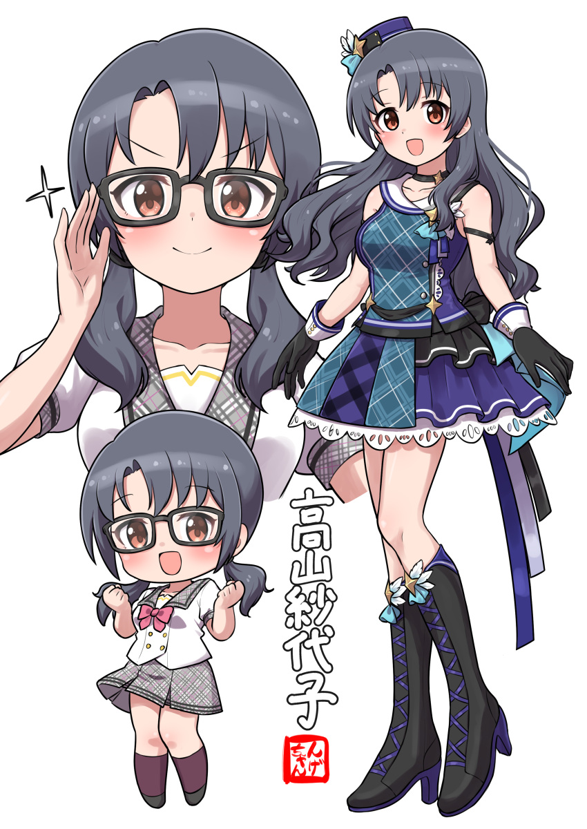 1girl absurdres black-framed_eyewear black_footwear black_gloves black_hair blush boots breasts brown_eyes chibi choker collarbone glasses gloves high_heel_boots high_heels highres idolmaster idolmaster_million_live! knee_boots large_breasts long_hair looking_at_viewer low_twintails multiple_views ngetyan simple_background smile solo takayama_sayoko translation_request twintails white_background