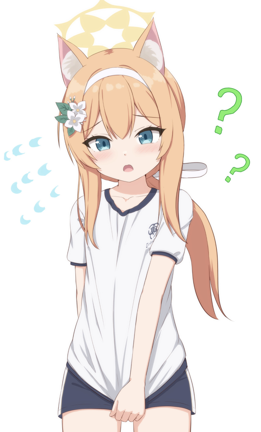 1girl ? animal_ear_fluff animal_ears blue_archive blue_eyes blue_shorts blush brown_hair collarbone commentary_request covering covering_crotch flower flying_sweatdrops gym_shirt gym_shorts gym_uniform hair_between_eyes hair_flower hair_ornament halo highres long_hair looking_at_viewer low_ponytail mari_(blue_archive) mari_(track)_(blue_archive) official_alternate_costume open_mouth ponytail shirt shirt_tug short_shorts short_sleeves shorts simple_background solo takasuma_hiro white_background white_flower white_shirt