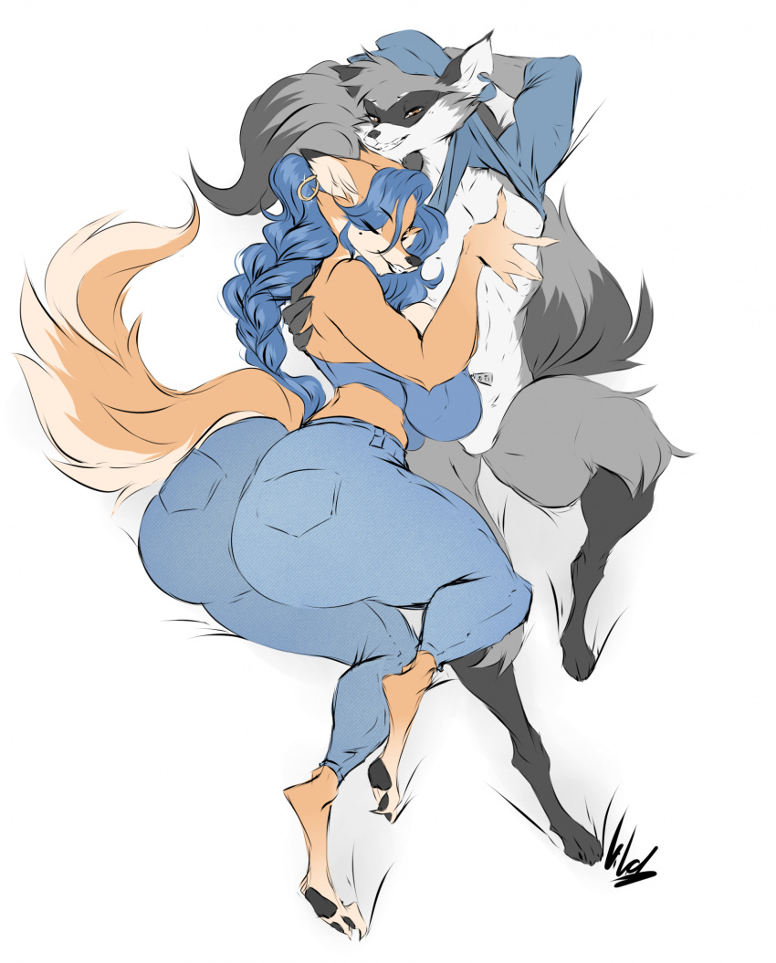 anthro big_butt black_pawpads blue_hair bottomless bottomless_anthro bottomless_male bottomwear braided_hair butt canid canine carmelita_fox cheek_tuft clothed clothing clothing_lift crop_top cuddling denim denim_clothing dullvivid duo ear_piercing ear_ring eyes_closed facial_markings facial_tuft female fox fur grey_body grey_fur hair hat head_markings headgear headwear hi_res huge_butt jeans long_sleeve_shirt lying male mammal markings mask_(marking) notched_ear orange_body orange_fur pants pawpads paws piercing procyonid raccoon ring_(marking) ring_piercing ringtail shirt shirt_lift simple_background sly_cooper sly_cooper_(series) smile smirk smug smug_face smug_grin sony_corporation sony_interactive_entertainment sucker_punch_productions tail tail_markings tan_body tan_fur thick_thighs topwear tuft white_background wide_hips
