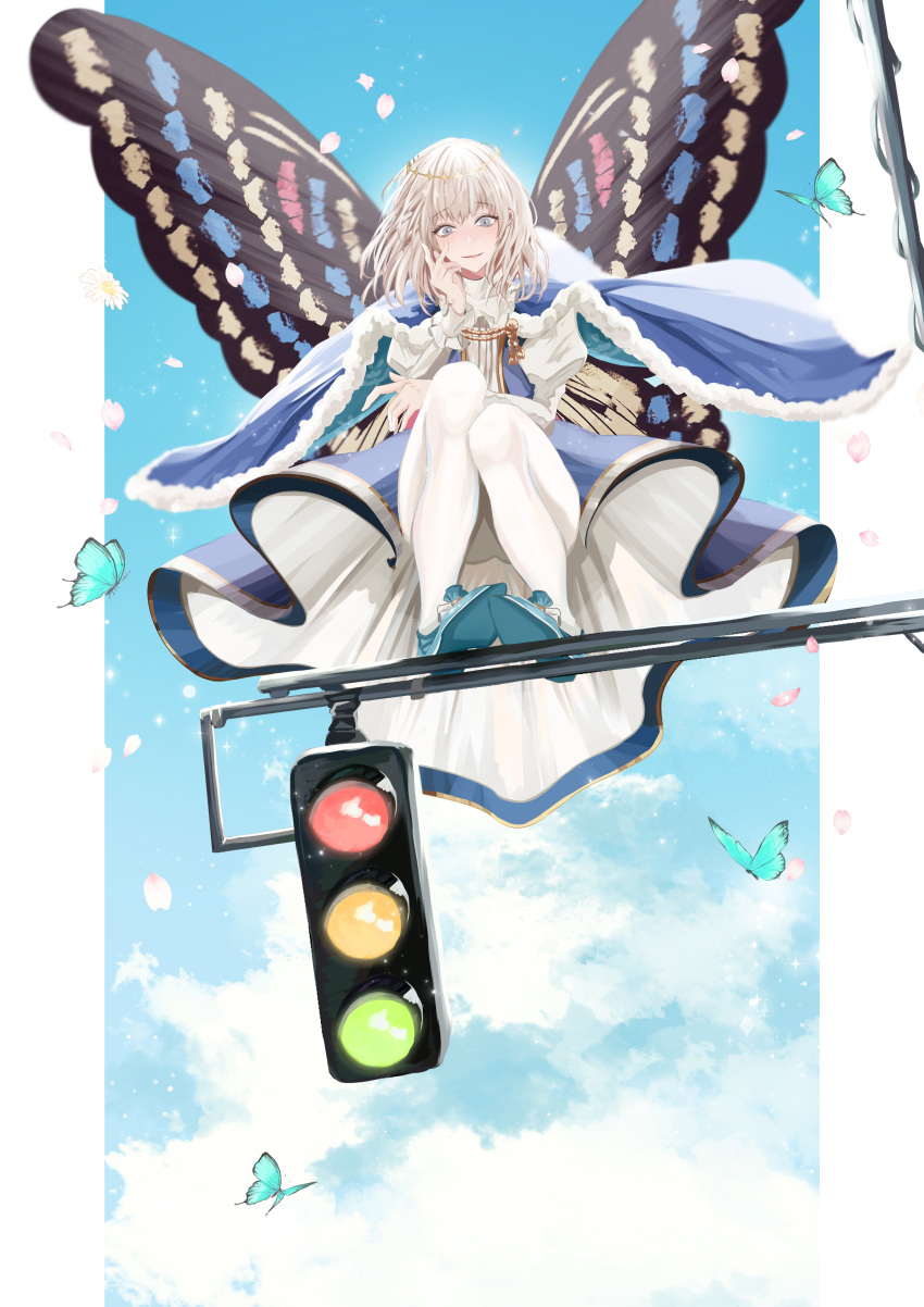 1boy absurdres androgynous antinese blonde_hair blue_cloak blue_eyes blue_footwear blue_sky blush bug butterfly cloak dress fate/grand_order fate_(series) from_below fur-trimmed_cloak fur_trim grey_hair highres looking_at_viewer male_focus oberon_(fate) pantyhose short_hair sky solo squatting traffic_light white_pantyhose