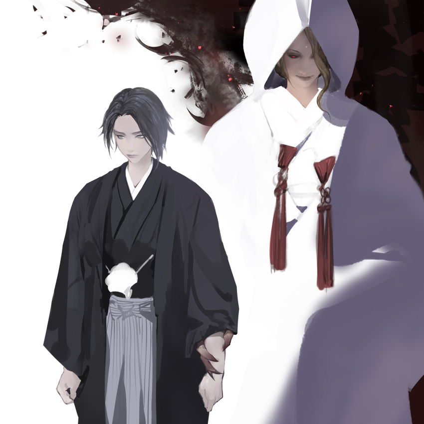 1boy 1girl alternate_costume androgynous arms_at_sides black_hair black_kimono black_sclera blending blonde_hair claws clenched_hand colored_sclera cowboy_shot final_fantasy final_fantasy_xiv garlean gradient_skin grey_eyes grey_hakama hair_over_one_eye hakama hakama_skirt highres holding_another's_wrist hood hood_up hooded_robe japanese_clothes kimono looking_at_another looking_to_the_side one_eye_covered pydiyudie red_eyes reverse_trap robe short_hair side-by-side skirt smile smoke standing tassel third_eye two-tone_background white_background white_robe wide_sleeves zenos_yae_galvus zero_(ff14)