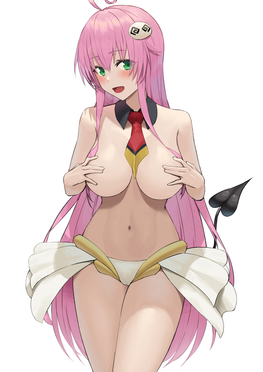 1girl absurdres bangs breasts covering_nipples cow demon_girl demon_tail detached_collar green_eyes hair_ornament highres lala_satalin_deviluke large_breasts long_hair looking_at_viewer lordol navel open_mouth pink_hair simple_background smile solo stomach tail thighs to_love-ru two-tone_necktie white_background