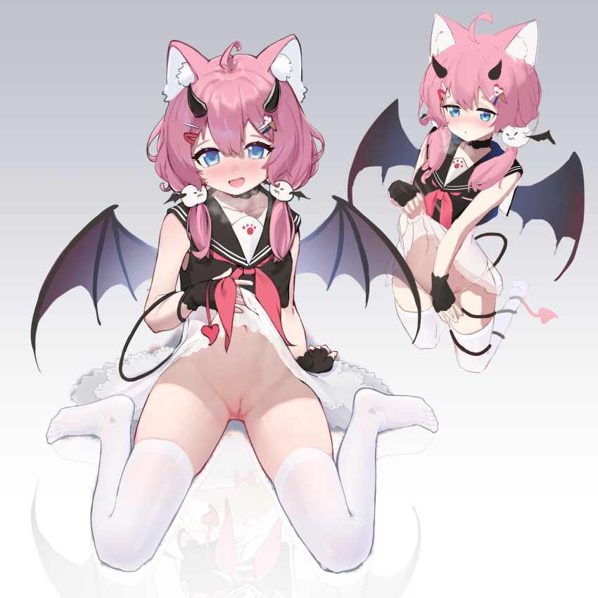 1girl absurdres ahoge animal_ear_fluff animal_ears arm_support bat_wings black_gloves black_serafuku blue_eyes blush cat_ears cleft_of_venus clothes_lift crop_top demon_horns demon_tail demon_wings fingerless_gloves gloves gradient_background hair_ornament hairpin highres horns indie_virtual_youtuber kneeling lace-trimmed_skirt lace_trim large_ears lifted_by_self medium_hair midriff multiple_hairpins multiple_views neckerchief no_panties on_floor panties pantyhose paw_print pink_hair pussy red_neckerchief reflection reflective_floor sailor_collar sakurada_hane school_uniform see-through see-through_skirt serafuku shirt simple_background skirt skirt_lift sleeveless sleeveless_shirt solo tail thighs twintails underwear virtual_youtuber white_panties white_pantyhose white_skirt wings xintianou