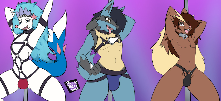 absurd_res anthro blue_body blue_fur blue_hair brown_body brown_fur brown_hair chris_(rhode_arts) clothing collar dancing fan_character fur generation_4_pokemon generation_7_pokemon girly grin group hair harness hi_res jockstrap looking_at_viewer looking_pleasured lopunny lucario male male/male neptune_(rhode_arts) nintendo pokemon pokemon_(species) pole pole_dancing pose primarina rhode_(rhode_arts) rhode_arts simple_background smile smiling_at_viewer tongue tongue_out trio underwear