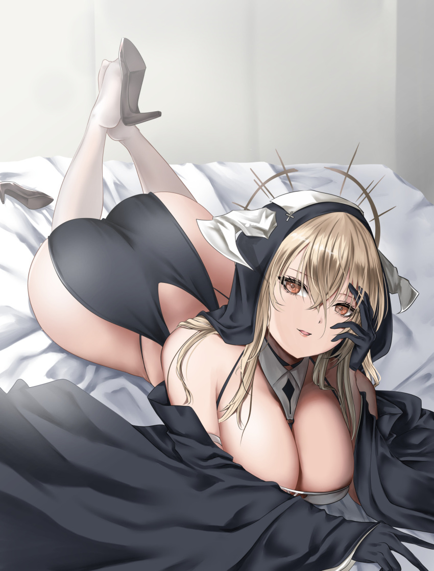 1girl ass azur_lane bare_shoulders black_footwear black_gloves blonde_hair breasts cleavage fake_horns gloves hair_between_eyes haru_(hr_works) highres horns implacable_(azur_lane) indoors large_breasts long_sleeves looking_at_viewer lying on_bed on_stomach orange_eyes shoe_dangle shoes shoes_removed solo thighhighs white_horns white_thighhighs wide_sleeves