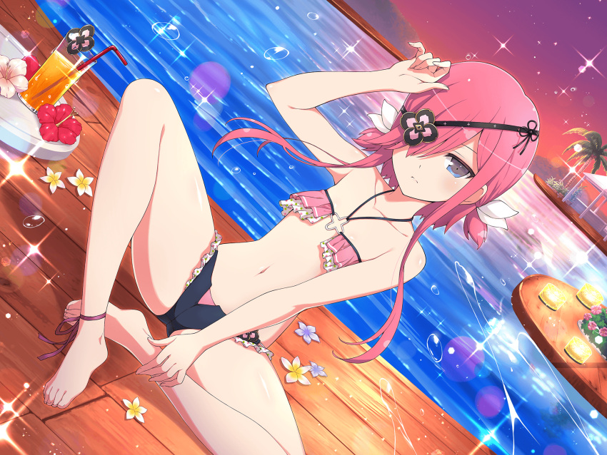 1girl anklet bikini blue_eyes blue_flower candle collarbone cup drink drinking_glass drinking_straw eyepatch flat_chest flower frown gazebo hair_ornament hair_over_one_eye hair_ribbon highres jewelry kazakiri_(senran_kagura) lit_candle looking_at_viewer navel night night_sky official_art pink_flower pink_hair purple_ribbon red_flower ribbon senran_kagura senran_kagura_new_link sitting sky solo star_(sky) starry_sky swimsuit water yaegashi_nan yellow_flower