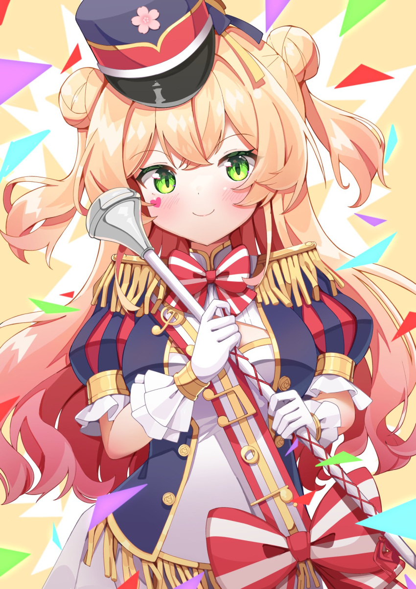 100ton250 1girl blonde_hair blue_headwear blue_jacket blush bow bowtie double_bun epaulettes facial_mark gloves gradient_hair green_eyes hair_bun hat highres hololive jacket long_hair looking_at_viewer marching_band marching_band_baton momosuzu_nene multicolored_hair official_alternate_costume open_mouth pink_hair puffy_short_sleeves puffy_sleeves red_bow red_bowtie shako_cap shirt short_sleeves solo two_side_up virtual_youtuber white_gloves white_shirt