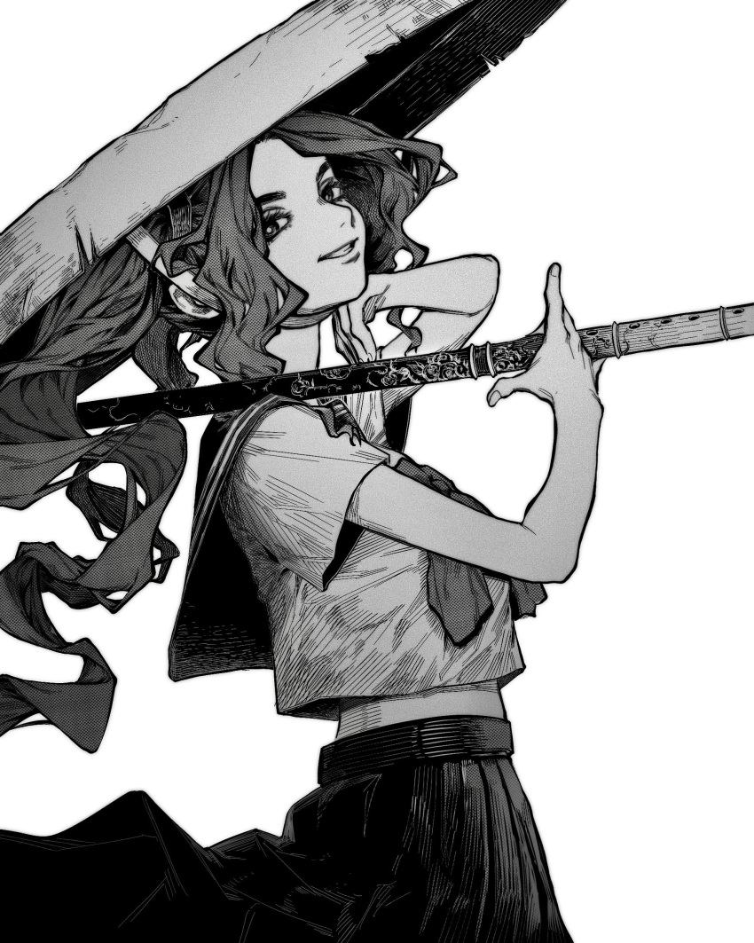 1girl absurdres bare_arms carrying_over_shoulder chin_strap commentary cowboy_shot cropped_shirt fingernails floating_hair from_side greyscale grin hands_up highres holding holding_sword holding_weapon long_hair long_skirt looking_at_viewer looking_to_the_side making-of_available midriff monochrome original parted_hair pleated_skirt sandogasa school_uniform serafuku short_sleeves simple_background skirt smile solo sword sword_writing weapon zero808w