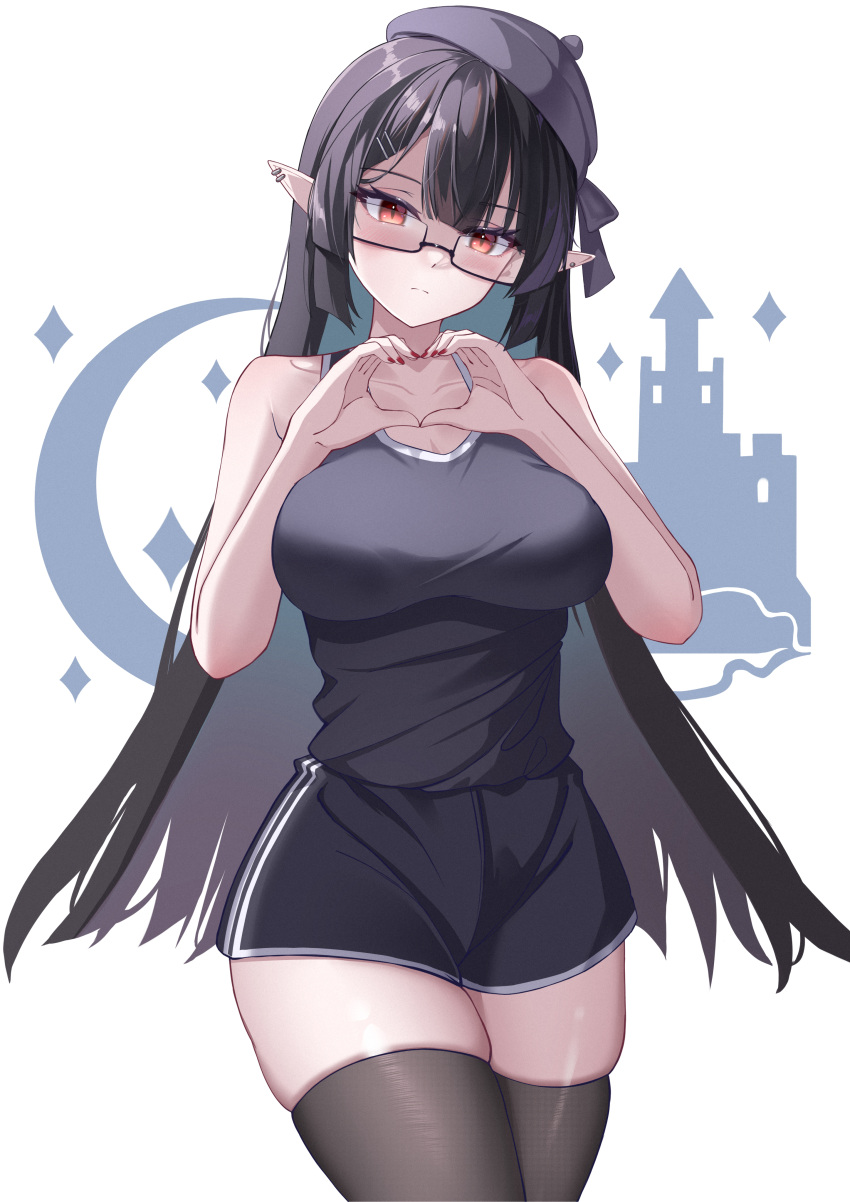 1girl absurdres bare_shoulders black-framed_eyewear black_hair black_headwear black_shirt black_shorts black_thighhighs breasts closed_mouth copyright_request cowboy_shot ear_piercing expressionless glasses hands_up heart heart_hands highres kaijiba large_breasts legs_together long_hair looking_at_viewer nail_polish piercing pointy_ears red_eyes red_nails semi-rimless_eyewear shirt shirt_tucked_in shorts skindentation solo thighhighs under-rim_eyewear very_long_hair