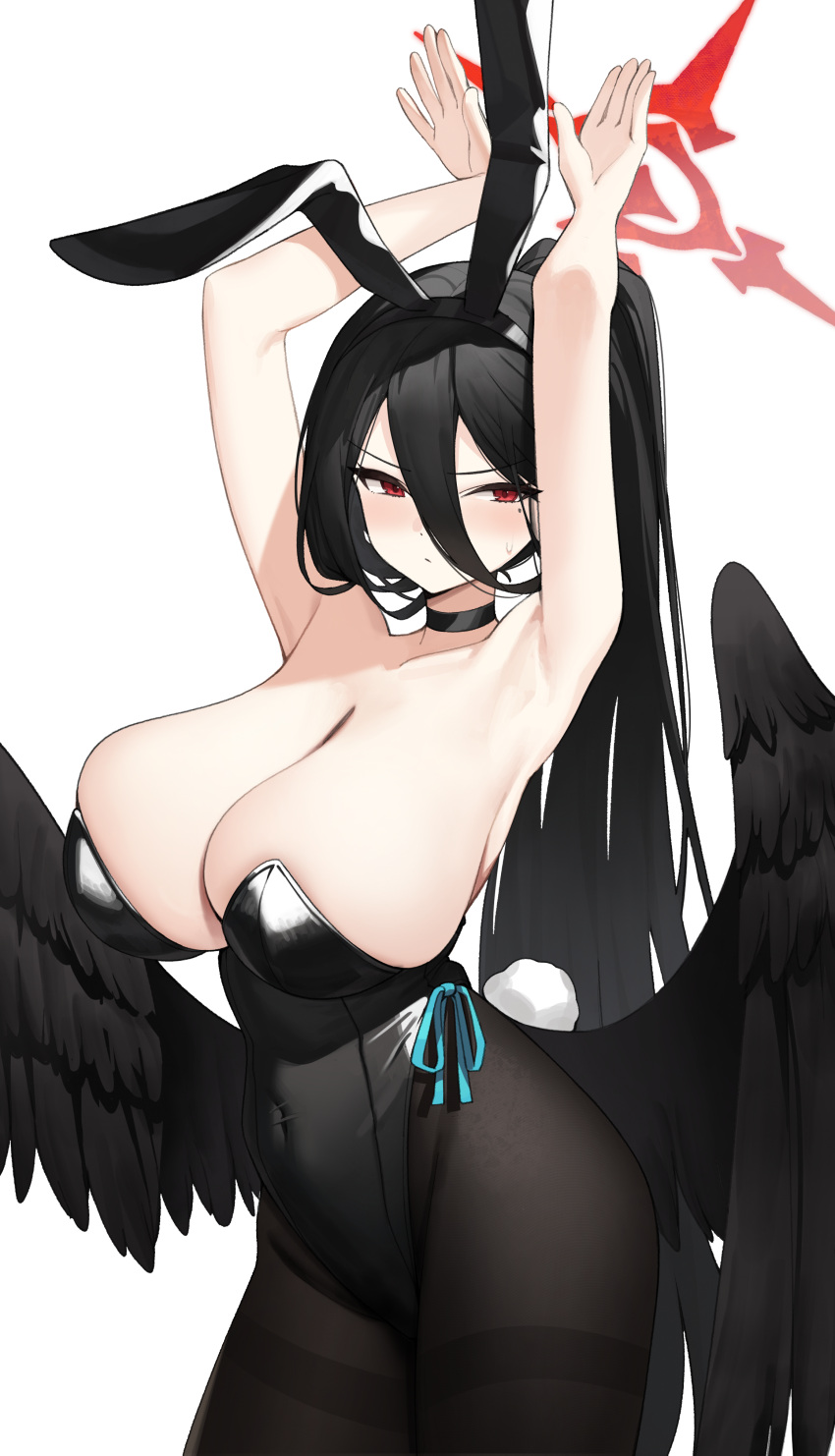 1girl absurdres alternate_costume animal_ears armpits arms_up black_choker black_feathers black_hairband black_leotard black_pantyhose black_theme black_wings blue_archive breasts choker closed_mouth covered_navel cowboy_shot fake_animal_ears feathered_wings feathers hairband halo hasumi_(blue_archive) high_ponytail highres huge_breasts large_wings leotard long_hair low_wings mole mole_under_eye nogong pantyhose playboy_bunny rabbit_ears rabbit_pose rabbit_tail tail v-shaped_eyebrows very_long_hair wings