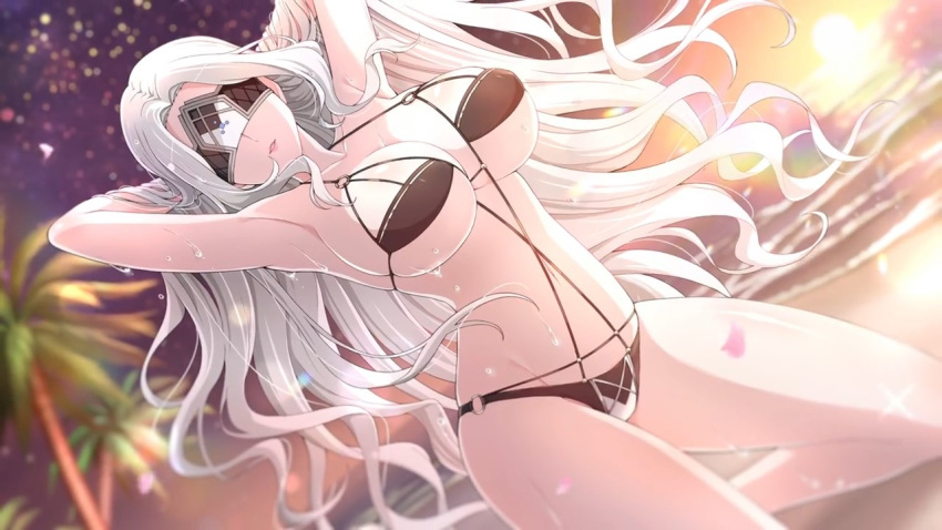 1girl adjusting_hair armpits beach bikini black_bikini blindfold breasts cleavage collarbone evening falling_petals gradient_sky grey_hair groin hands_in_hair kneeling large_breasts linea_alba long_hair looking_at_viewer micro_bikini navel night night_sky o-ring o-ring_bikini o-ring_swimsuit o-ring_top ocean official_art orange_sky palm_leaf palm_tree parted_bangs parted_lips petals plant sand senran_kagura senran_kagura_new_link shiny_skin skindentation sky solo star_(sky) starry_sky stomach sun sunset swimsuit tamayura_(senran_kagura) thighs tree underboob very_long_hair water waves wet yaegashi_nan yellow_sky