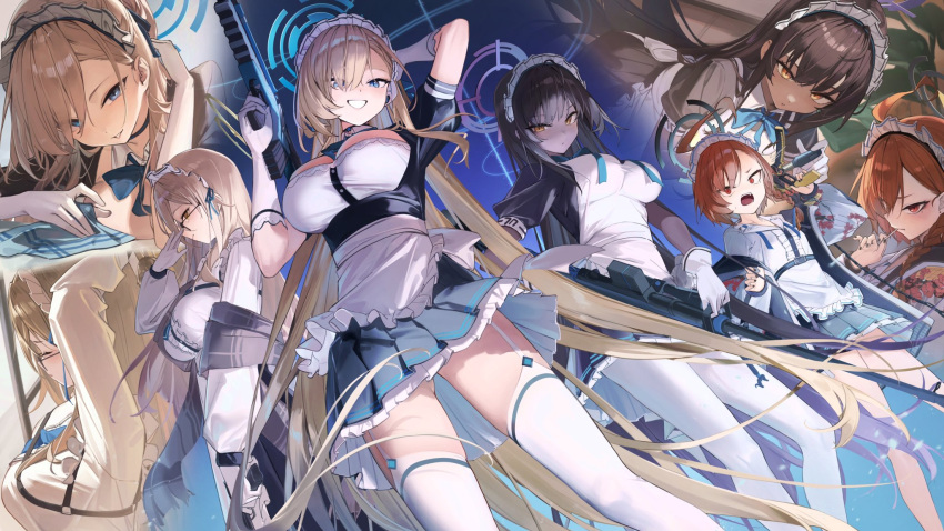 4girls 7gao akane_(blue_archive) apron arm_behind_head arms_up asuna_(blue_archive) black_hair blue_archive blue_eyes brown_eyes brown_hair cleaning_&amp;_clearing_(blue_archive) closed_mouth dark-skinned_female dark_skin expressionless garter_straps glasses gloves gun hair_ornament halo highres holding holding_gun holding_weapon karin_(blue_archive) light_brown_hair long_hair looking_at_viewer maid maid_apron maid_headdress mole mole_under_eye multiple_girls multiple_views neru_(blue_archive) open_mouth orange_eyes orange_hair pantyhose short_hair smile standing thighhighs very_long_hair weapon white_apron white_garter_straps white_gloves white_pantyhose white_thighhighs yellow_eyes