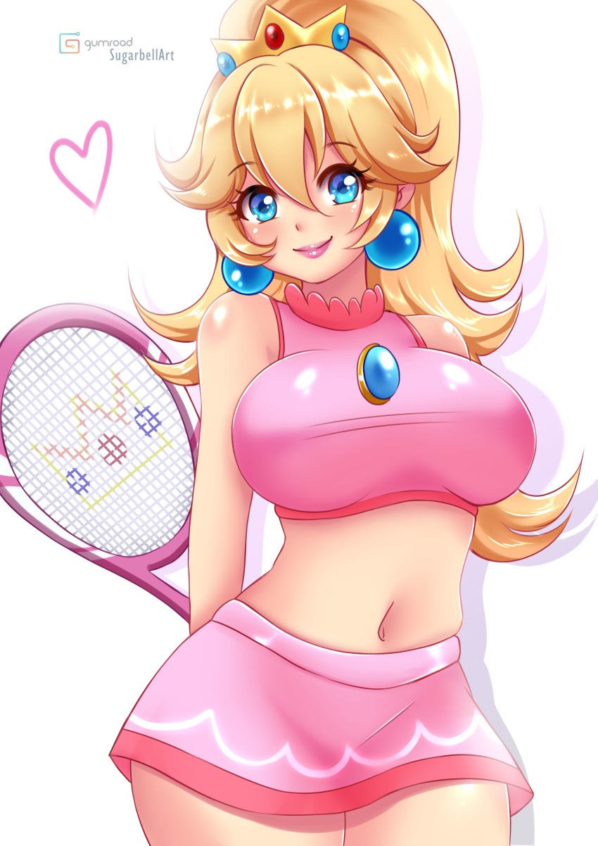 1girl absurdres artist_name blonde_hair blue_eyes blush breasts cropped_shirt crown earrings gumroad_logo hair_between_eyes head_tilt heart highres holding holding_racket jewelry long_hair looking_at_viewer mario_(series) mario_tennis medium_breasts midriff navel paid_reward_available pink_lips pink_shirt pink_skirt ponytail princess_peach racket shadow shirt simple_background skirt sleeveless sleeveless_shirt smile solo sugarbell tennis_racket white_background