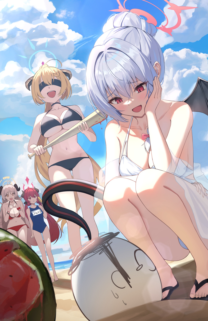 4girls absurdres akari_(blue_archive) arona's_sensei_doodle_(blue_archive) baseball_bat beach bikini black_bikini blindfold blue_archive blue_one-piece_swimsuit blue_sky breasts cloud collarbone curled_horns day demon_wings english_commentary food fruit gourmet_research_society_(blue_archive) grey_hair halo hand_on_own_face haruna_(blue_archive) highres holding holding_baseball_bat horns izumi_(blue_archive) izumi_(swimsuit)_(blue_archive) junko_(blue_archive) large_breasts long_hair multiple_girls name_tag navel ocean one-piece_swimsuit open_mouth outdoors rahy red_bikini red_eyes red_hair sand school_swimsuit sensei_(blue_archive) single_wing sky smile squatting stomach suikawari swimsuit twintails watermelon white_bikini wings
