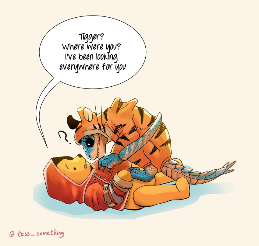 ambiguous_gender anthro capcom clothing costume crossover disney dragon duo english_text feral flying_wyvern hi_res male membrane_(anatomy) membranous_wings monster_hunter onesie pooh_bear pseudowyvern question_mark scalie simple_background stripes tail tess_something text tigger tigrex what white_background wings winnie_the_pooh_(franchise) wyvern