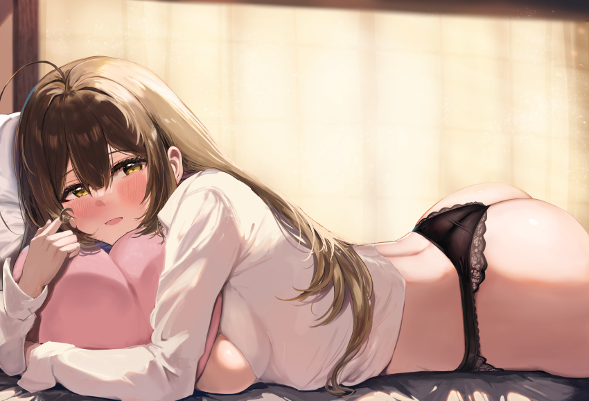 1girl absurdres ahoge ariaridoradora ass blush breasts brown_hair heart heart_pillow highres idolmaster idolmaster_shiny_colors indoors kuwayama_chiyuki long_hair looking_at_viewer lying no_pants object_hug on_bed on_stomach open_clothes open_shirt panties pillow pillow_hug shirt sideboob smile solo straight_hair underwear very_long_hair white_shirt