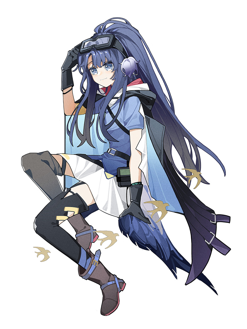 1girl absurdres ankle_boots arknights arm_support astgenne_(arknights) bird black_cape black_gloves black_thighhighs blue_eyes blue_hair blue_shirt boots brown_footwear cape feather_cape full_body gloves goggles goggles_on_head haobuguniao highres hood hooded_cape long_hair shirt short_sleeves sidelocks simple_background skirt solo thighhighs white_background white_skirt