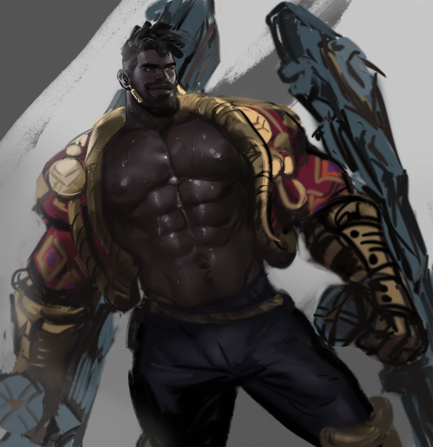 1boy abs bara beard black_hair brown_eyes cropped_jacket dark-skinned_male dark_skin dopey_(dopq) dreadlocks dual_wielding earrings facial_hair feet_out_of_frame highres holding jacket jewelry k'sante_(league_of_legends) large_pectorals league_of_legends looking_to_the_side male_focus mature_male muscular muscular_male navel navel_hair nipples open_clothes open_jacket pectorals short_hair smirk solo standing stomach strongman_waist sweat thick_eyebrows unfinished very_sweaty