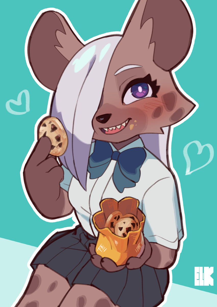 &lt;3 4_fingers absurd_res anthro black_nose bottomwear bow_tie breasts claws clothed clothing cookie crumbs dessert digital_media_(artwork) eating female fingers food fur hair hair_over_eye hi_res holding_cookie holding_food holding_object hyena jk_(kemokin_mania) kemokin_mania mammal one_eye_obstructed open_mouth purple_eyes sharp_teeth shirt simple_background sitting skirt smile solo spots spotted_hyena teeth tongue topwear white_clothing