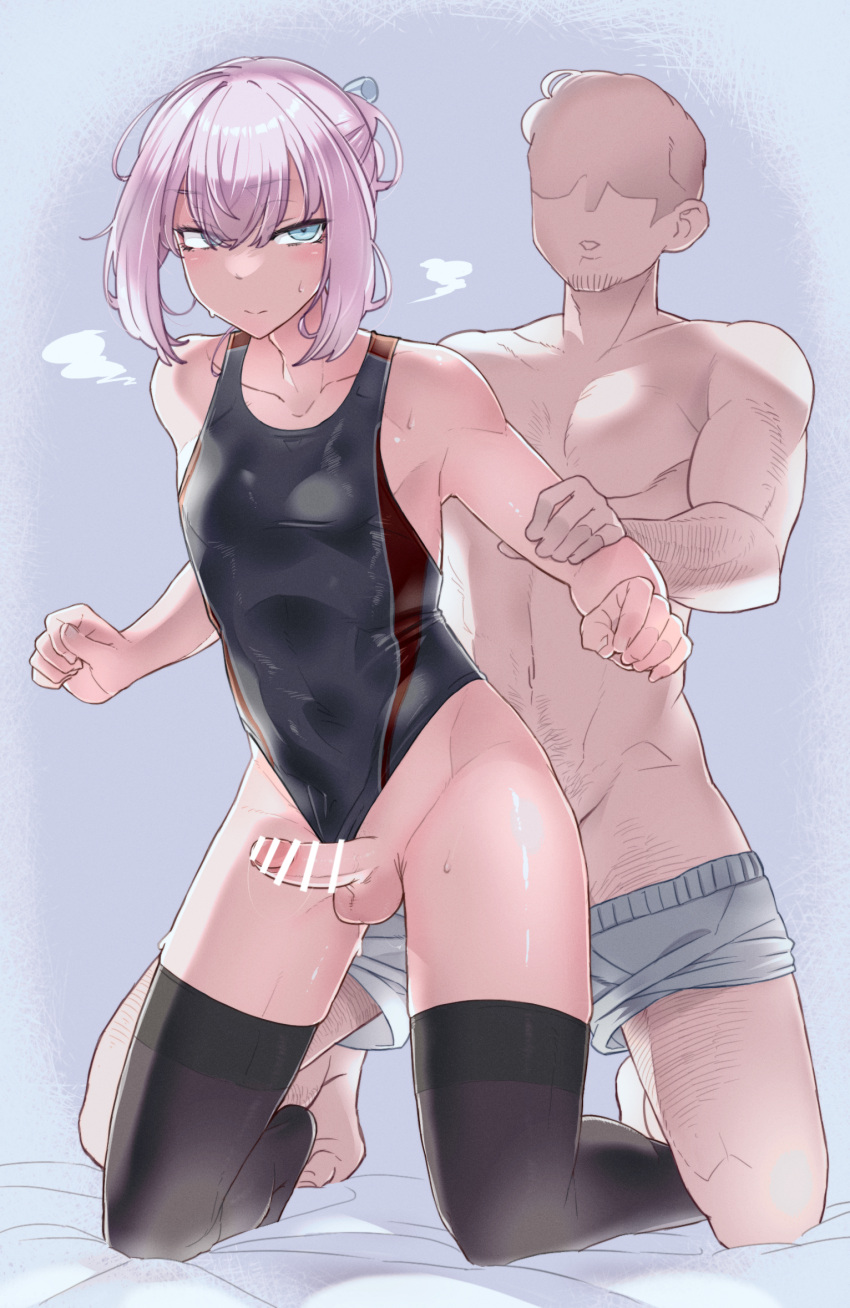 2boys anal bar_censor barefoot bed_sheet black_one-piece_swimsuit black_thighhighs blue_eyes blush censored clothing_aside collarbone crossdressing crossed_bangs deagle_(deagleiii) erection faceless faceless_male full_body genderswap genderswap_(ftm) highleg highleg_swimsuit highres indoors kantai_collection kneeling looking_at_viewer male_focus multiple_boys one-piece_swimsuit penis penis_out pink_hair sex sex_from_behind shiranui_(kancolle) short_hair swimsuit swimsuit_aside testicles thighhighs thighs yaoi