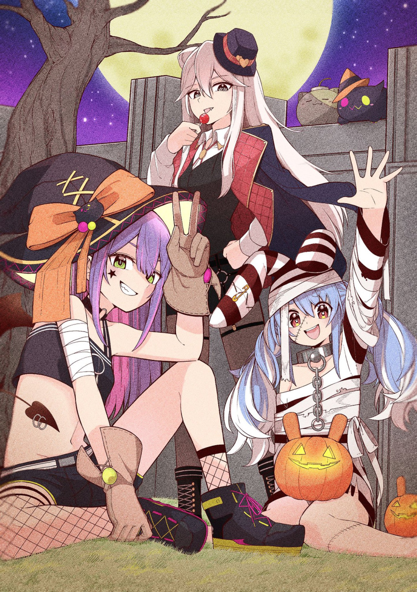 3girls :3 :d animal_ears arm_up bandaged_arm bandages bare_shoulders bare_tree belt bibi_(tokoyami_towa) black_choker black_footwear black_headwear black_jacket black_shirt black_shorts black_tail black_vest blue_hair blush bolo_tie boots bow broken broken_chain brooch brown_gloves brown_pantyhose candy chain choker closed_eyes collar collarbone collared_shirt commentary_request crop_top cross-laced_footwear demon_tail english_commentary facial_mark fang fishnet_socks fishnet_thighhighs fishnets food full_moon gloves grass green_eyes grey_eyes grin hair_between_eyes halloween halloween_costume hand_on_own_hip hand_up hat hat_bow highres holding holding_candy holding_food holding_lollipop hololive jack-o'-lantern jacket jacket_on_shoulders jewelry knee_up lace-up_boots lapels lion_ears lollipop long_hair long_sleeves looking_at_viewer metal_collar midriff mini_hat mixed-language_commentary moon multicolored_hair multiple_girls mummy_costume navel neck_ribbon night night_sky o-ring o-ring_choker open_mouth orange_bow outdoors pantyhose parted_bangs piercing pink_hair prison_clothes pumpkin purple_hair purple_sky rabbit-shaped_pupils rabbit_ears red_eyes red_ribbon ribbon shirt shishiro_botan shishiro_botan_(3rd_costume) short_eyebrows short_shorts shorts sidelocks single_sock single_thighhigh sitting sky sleeveless sleeveless_shirt smile socks ssrb_(shishiro_botan) standing star_(sky) star_(symbol) star_facial_mark stitched_face stitched_leg stitches stomach streaked_hair striped striped_headwear striped_shirt symbol-shaped_pupils tail tail_ornament tail_piercing teeth thick_eyebrows thighhighs tilted_headwear tokoyami_towa tokoyami_towa_(1st_costume) tongue tongue_out tree twintails two-sided_fabric two-sided_jacket upper_teeth_only usada_pekora usada_pekora_(3rd_costume) v vest virtual_youtuber wariza white_belt white_hair white_shirt wing_collar witch_hat yurai0739