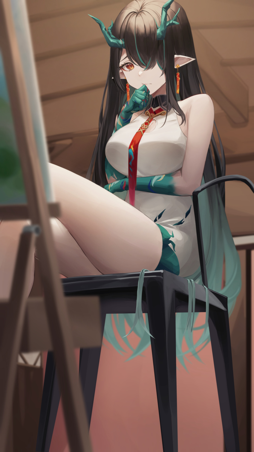 1girl absurdres arknights arm_tattoo arm_under_breasts bare_shoulders breasts chair china_dress chinese_clothes cleavage cleavage_cutout clothing_cutout colored_skin dragon_girl dragon_horns dress dusk_(arknights) earrings easel green_skin hair_over_one_eye highres horns indoors jewelry large_breasts mea_(hwaksal) multicolored_hair necktie one_eye_covered pointy_ears red_eyes red_necktie sitting sleeveless sleeveless_dress solo streaked_hair tassel tassel_earrings tattoo thighs white_dress