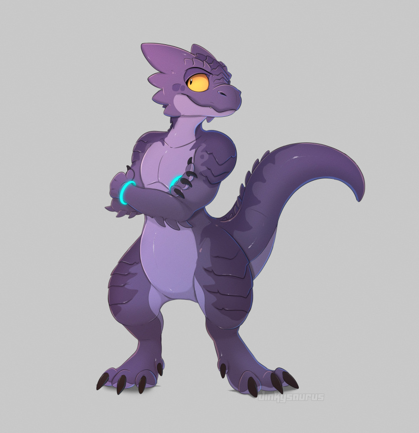 2023 ambiguous_gender anthro black_claws claws dinkysaurus hi_res kobold nil no_sclera purple_body purple_scales scales scalie simple_background solo yellow_eyes