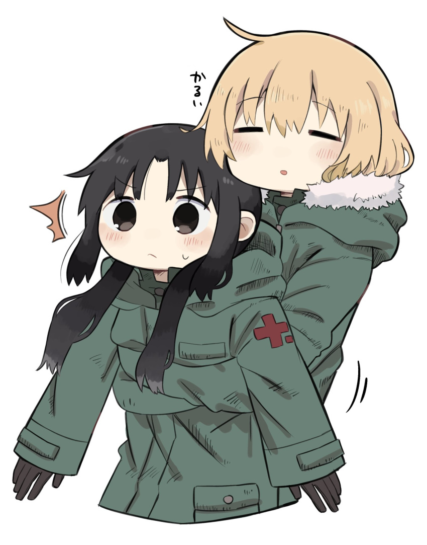 2girls ahoge black_eyes black_hair blonde_hair blush chito_(shoujo_shuumatsu_ryokou) closed_eyes coat fur_trim green_coat highres hug hug_from_behind military military_uniform multiple_girls shoujo_shuumatsu_ryokou sound_effects sweatdrop uniform upper_body v-shaped_eyebrows white_background yoyohachi yuuri_(shoujo_shuumatsu_ryokou)