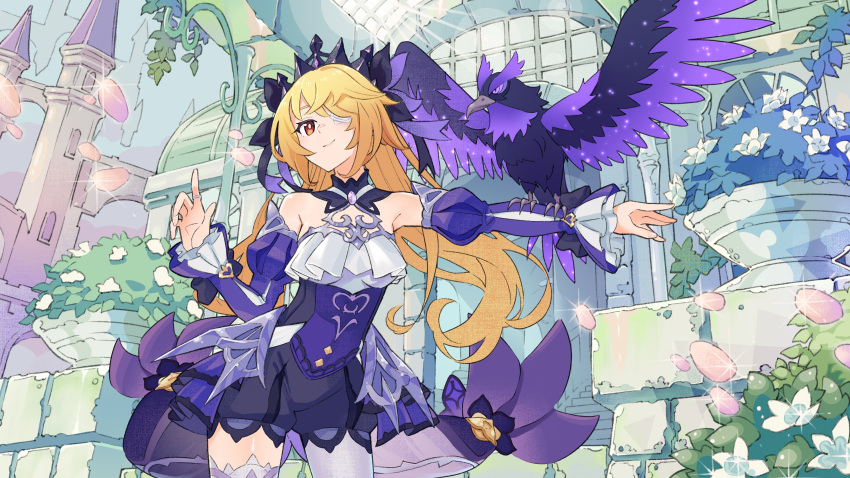 1girl absurdres alternate_eye_color animal_on_arm bare_shoulders bird bird_on_arm blonde_hair blush breasts castle choker collar crow day detached_sleeves dress eyepatch fischl_(ein_immernachtstraum)_(genshin_impact) fischl_(genshin_impact) flower frills gem genshin_impact hair_over_one_eye hair_ribbon highres jewelry kyouyasai4423 long_hair long_sleeves looking_at_viewer medium_breasts official_alternate_costume official_alternate_eye_color oz_(genshin_impact) pantyhose princess_dress purple_choker purple_dress purple_gemstone purple_ribbon purple_sleeves red_eyes ribbon single_leg_pantyhose single_thighhigh smile thighhighs tiara white_pantyhose white_thighhighs