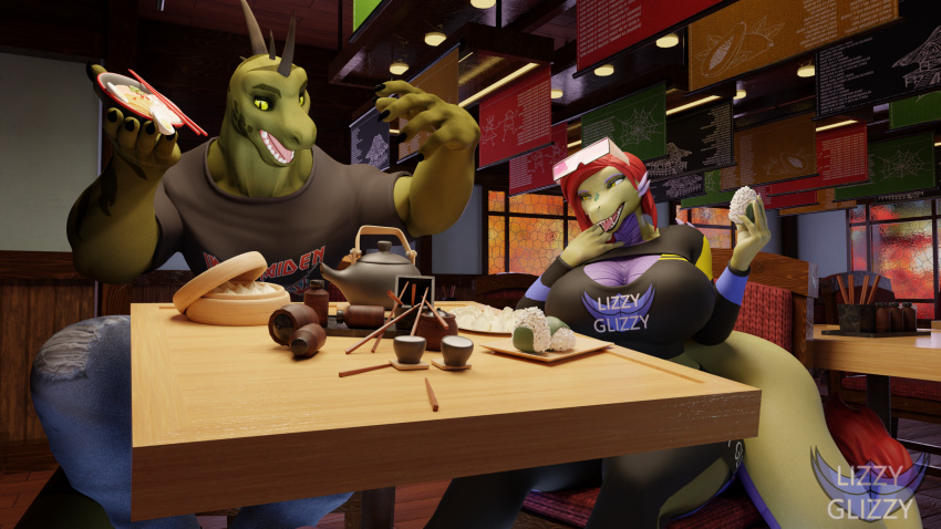 3d_(artwork) anthro big_breasts big_tail breasts cleavage clothed clothing digital_media_(artwork) dragon duo female green_body green_scales hair hi_res iguanid juna_june_(lizzyglizzy) lizard lizzyglizzy male raiden_lyte red_hair reptile restaurant scales scalie tail