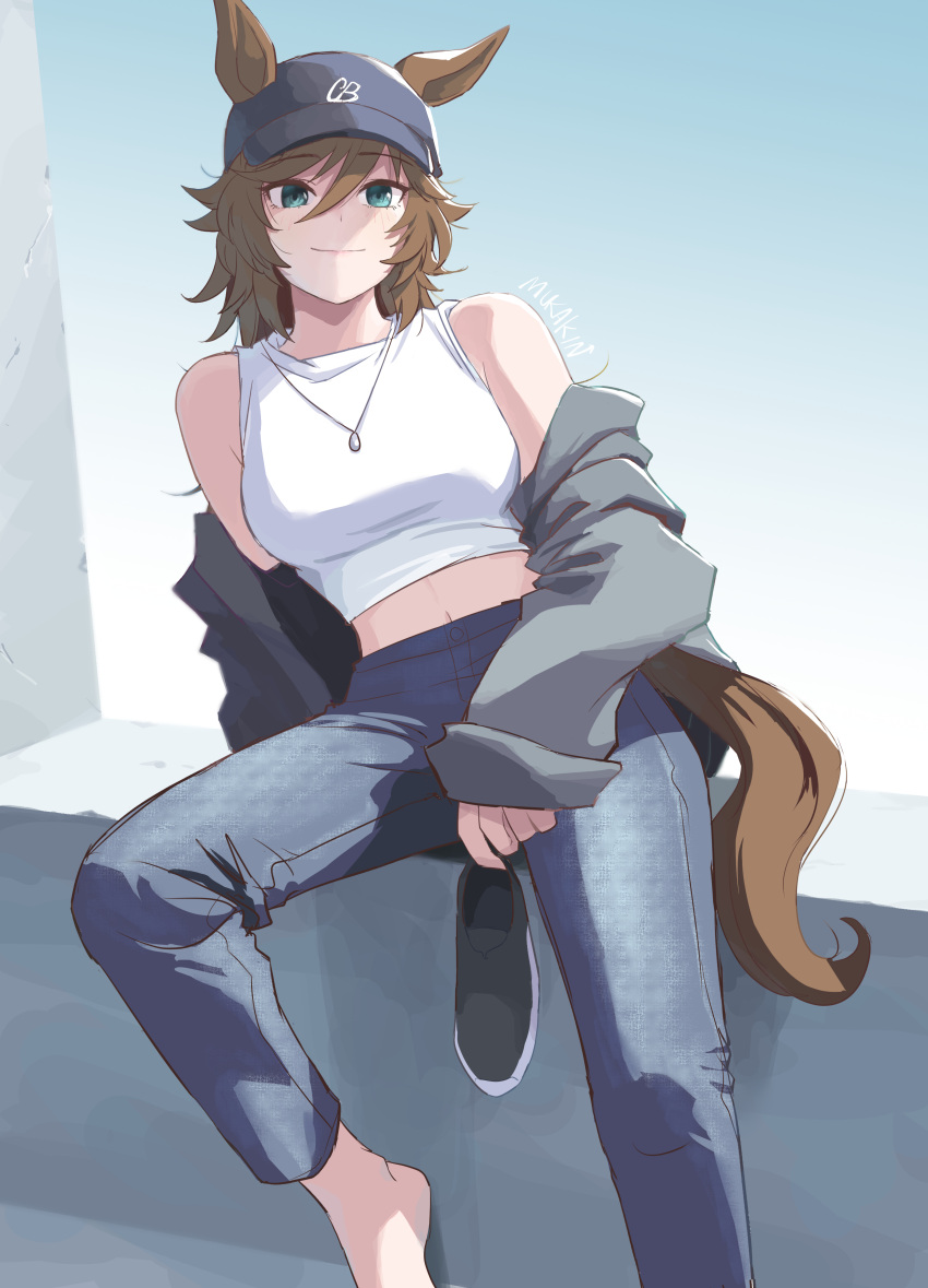 1girl absurdres animal_ears bare_shoulders baseball_cap black_headwear blue_eyes boc'z_(umamusume) brown_hair closed_mouth commentary_request ears_through_headwear feet_out_of_frame grey_pants hair_between_eyes hat highres holding holding_shoes horse_ears horse_girl horse_tail jacket jacket_partially_removed long_hair midriff mr._c.b._(umamusume) mukakin official_alternate_costume pants shirt shoes shoes_removed sleeveless sleeveless_shirt smile solo sweatpants tail umamusume white_shirt