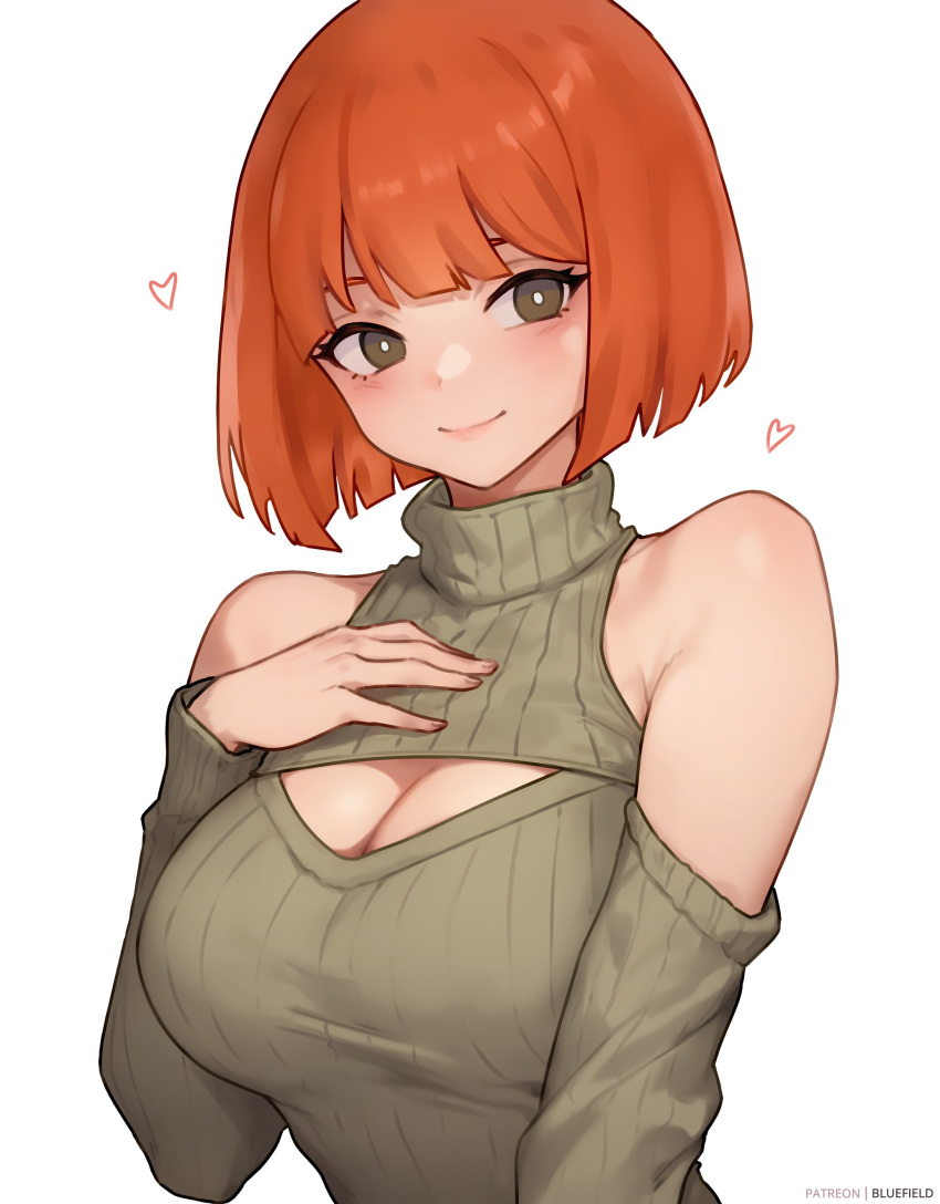 1girl absurdres alternate_breast_size bluefield bob_cut breasts bright_pupils brown_eyes cleavage cleavage_cutout closed_mouth clothing_cutout green_sweater hand_on_own_chest heart highres large_breasts light_blush long_sleeves looking_at_viewer mcdonald's mother_(yoru_mac) orange_hair patreon_username ribbed_sweater short_hair shoulder_cutout simple_background smile solo sweater turtleneck turtleneck_sweater upper_body white_background white_pupils yoru_mac