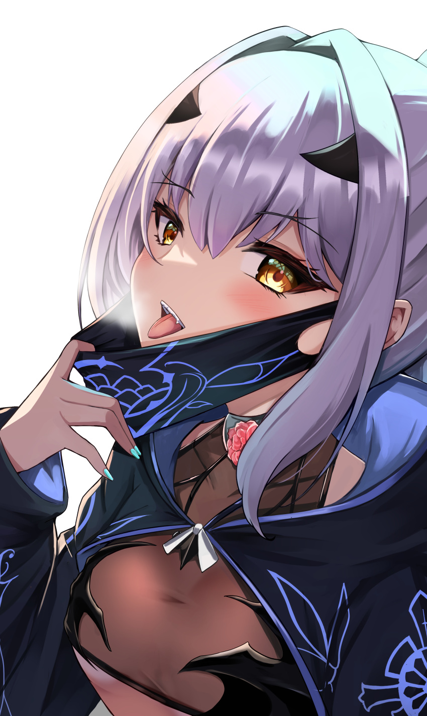 1girl absurdres bikini black_bikini black_jacket breasts cropped_jacket fate/grand_order fate_(series) forked_eyebrows high_ponytail highres jacket long_hair long_sleeves looking_at_viewer mask melusine_(fate) melusine_(swimsuit_ruler)_(fate) mouth_mask open_mouth shibakame shrug_(clothing) sidelocks small_breasts solo swimsuit tongue tongue_out white_hair yellow_eyes