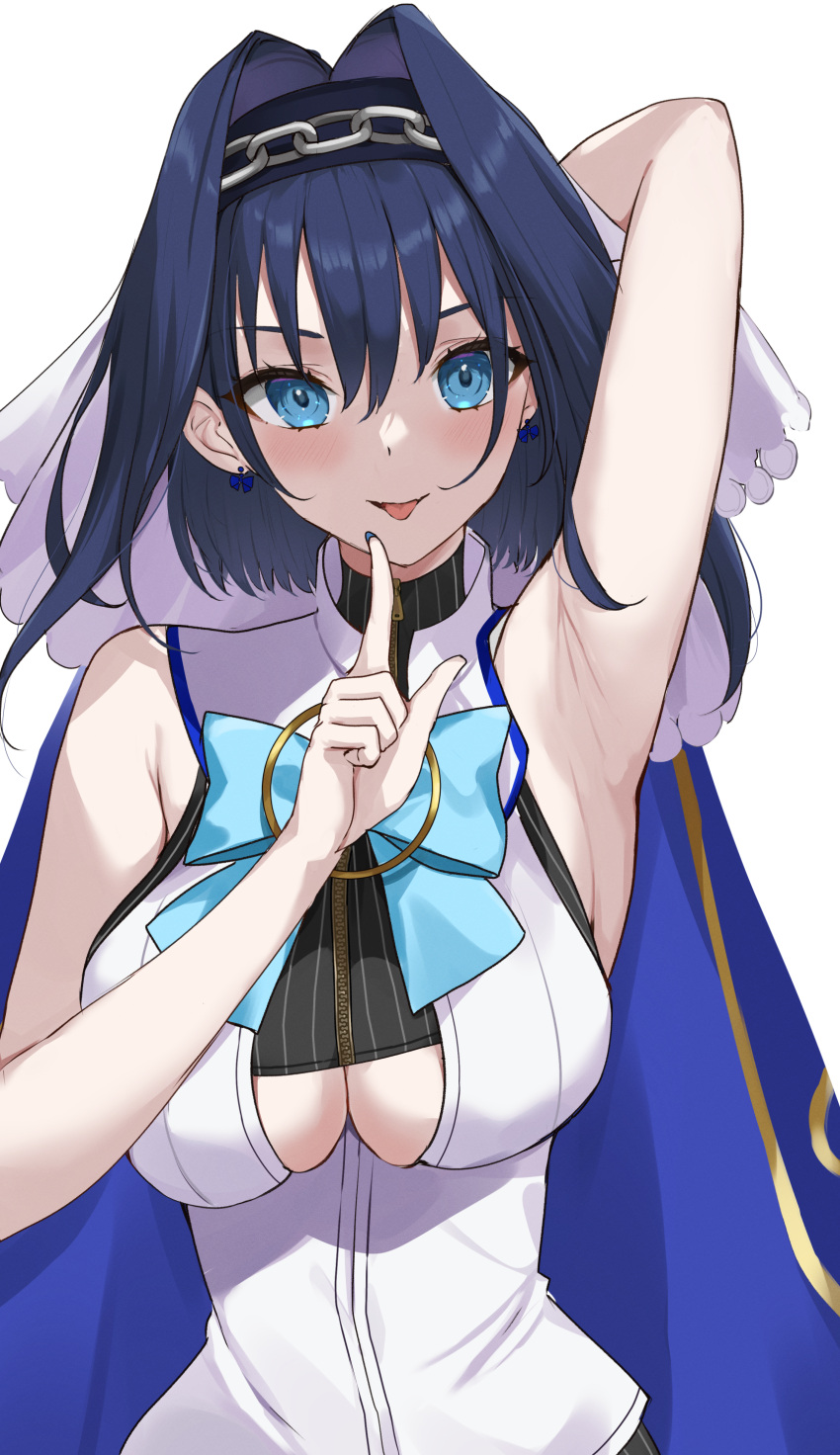 1girl absurdres arm_up armpits blue_bow blue_eyes blue_hair blush bow bow_earrings breasts cleavage cleavage_cutout clothing_cutout earrings finger_to_mouth head_chain highres hololive hololive_english jewelry large_breasts looking_at_viewer ouro_kronii ouro_kronii_(1st_costume) shirt short_hair sleeveless sleeveless_shirt smile solo tongue tongue_out udonpan virtual_youtuber white_background white_shirt
