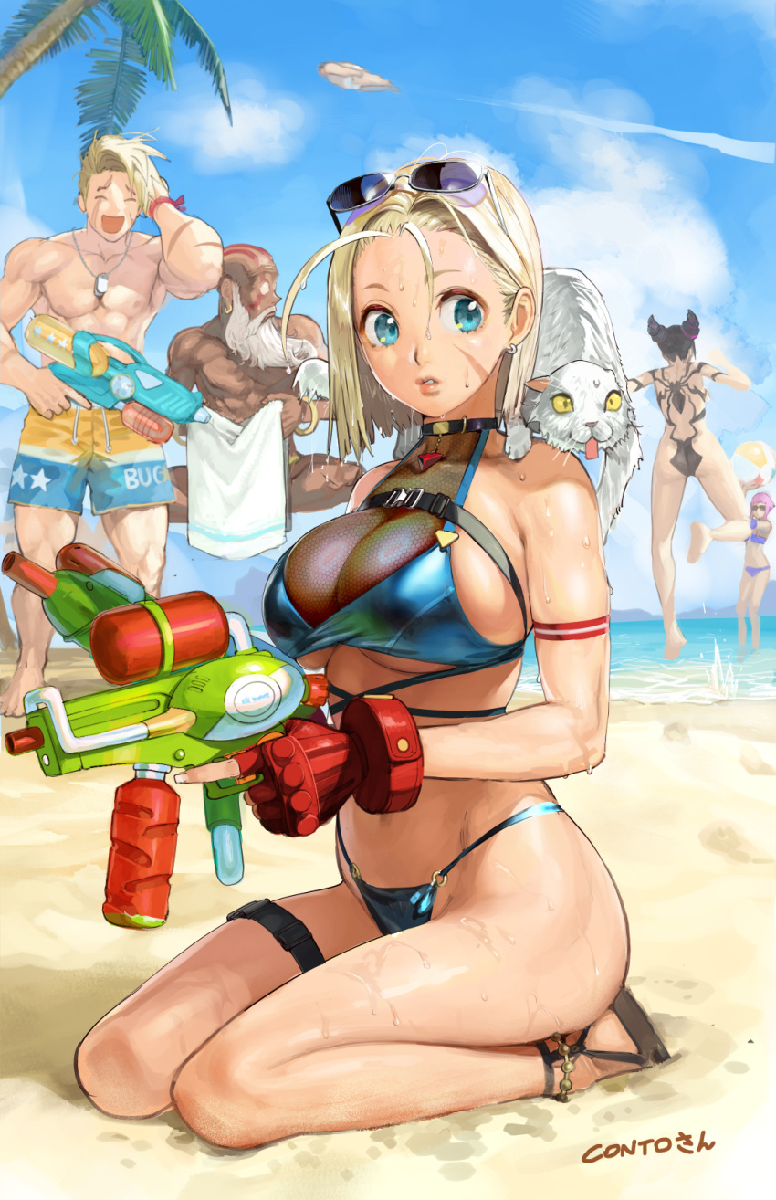 2boys 3girls bald beach beard bikini blonde_hair breasts cammy_white cat commentary conto dark-skinned_male dark_skin dhalsim english_commentary eyewear_on_head facial_hair han_juri highres luke_sullivan male_swimwear manon_legrand multiple_boys multiple_girls ocean palm_tree sand smile street_fighter street_fighter_6 sunglasses swim_trunks swimsuit tree water water_gun wet