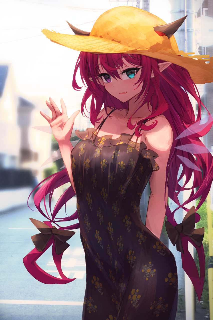 1girl absurdres black_bow black_dress blue_eyes blush bow detached_wings dress getto hair_bow hat heterochromia highres hololive hololive_english horns irys_(hololive) long_hair looking_at_viewer multicolored_hair pointy_ears purple_eyes purple_hair red_hair sleeveless sleeveless_dress smile solo straw_hat twintails two-tone_hair virtual_youtuber waving wings