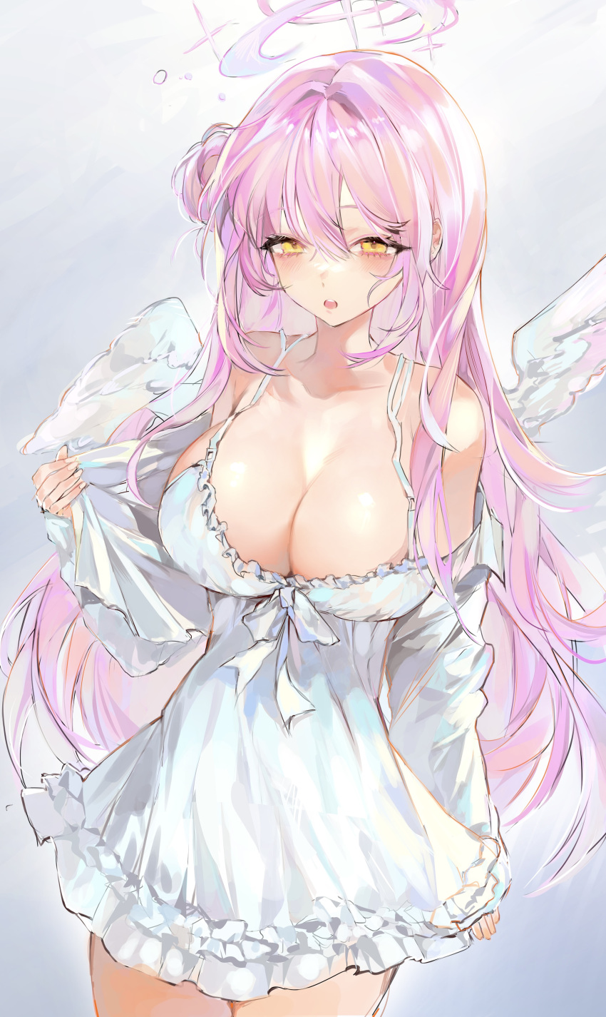 1girl :o absurdres alternate_costume blue_archive blush breasts cleavage dress empire_waist feathered_wings hair_bun halo highres large_breasts lee0124 long_hair looking_at_viewer mika_(blue_archive) pink_hair shirt simple_background single_side_bun sleeveless sleeveless_dress solo very_long_hair white_dress white_shirt white_wings wings